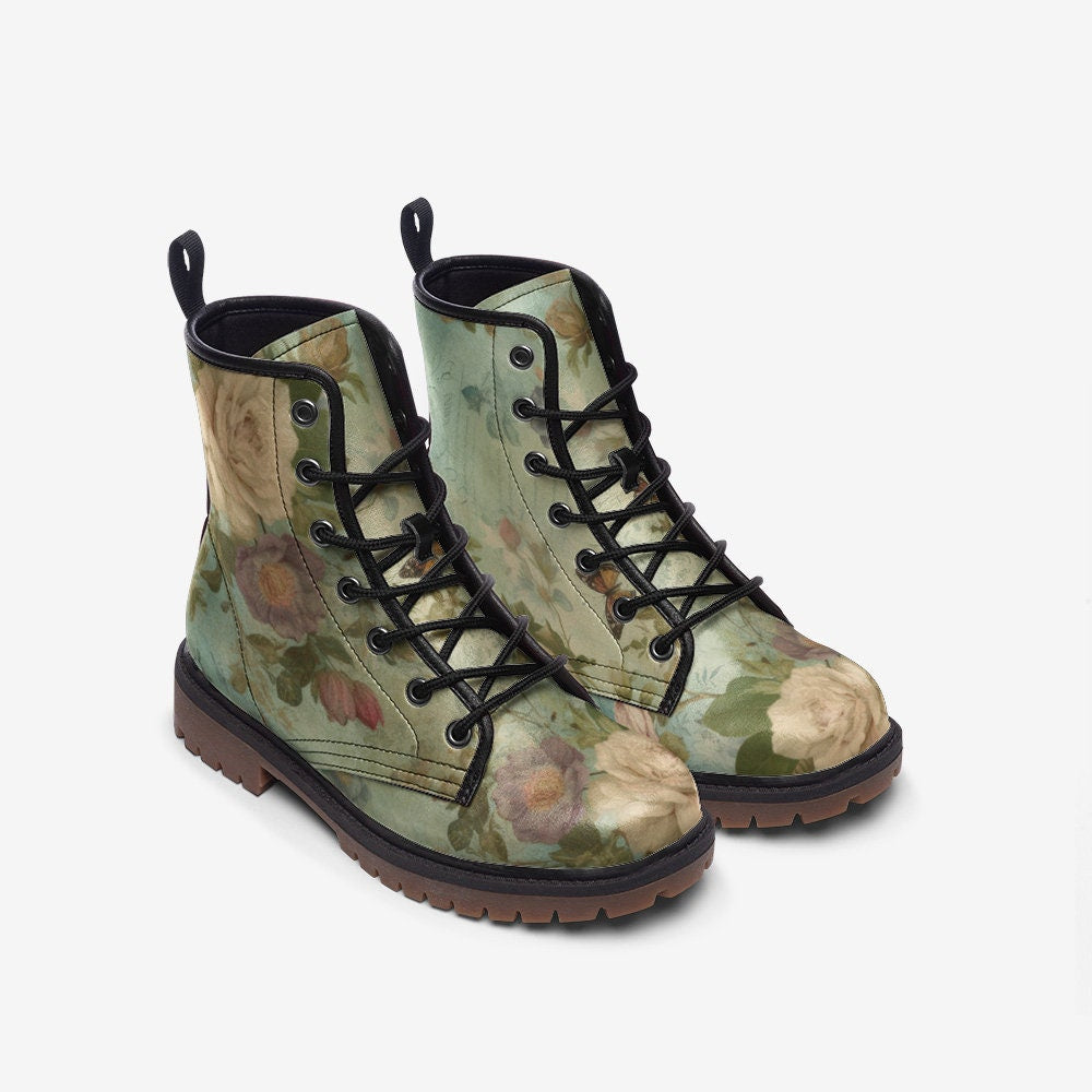 Hippie Art Zone - Green Floral Casual Faux Leather Lightweight Boots