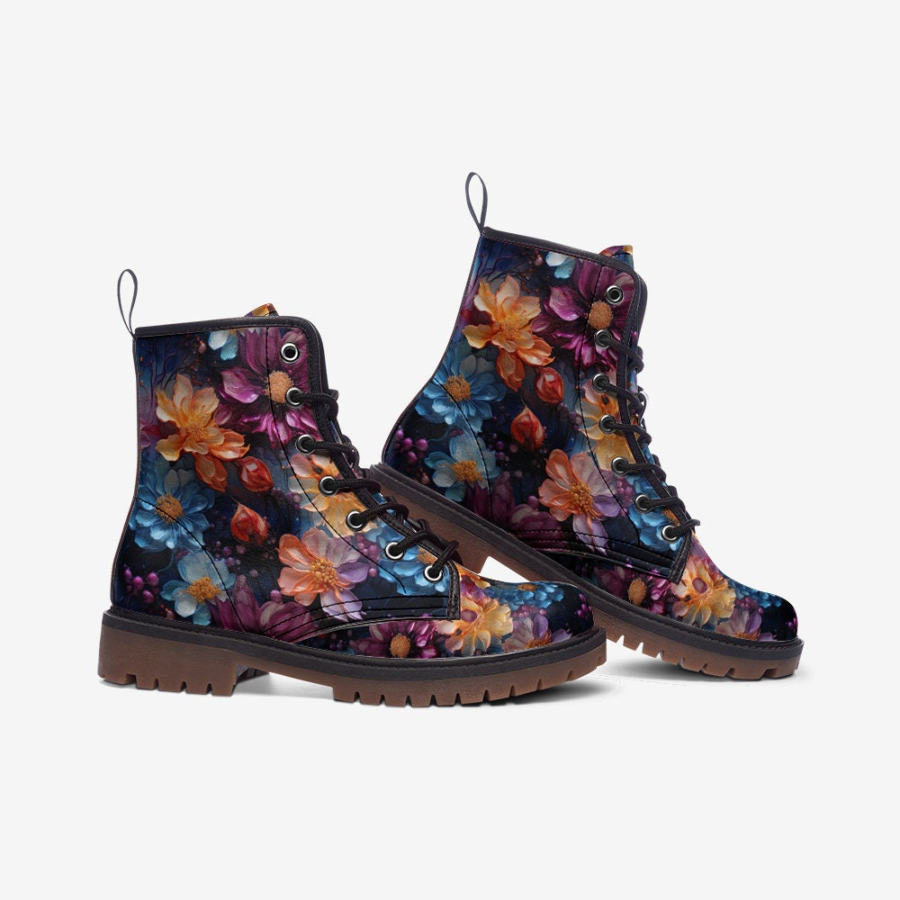 Hippie Art Zone - Colorful Floral Casual Faux Leather Lightweight Boots