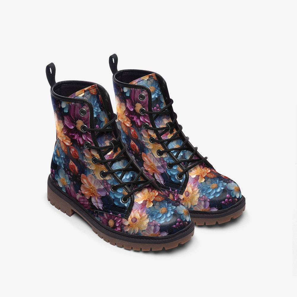 Hippie Art Zone - Colorful Floral Casual Faux Leather Lightweight Boots