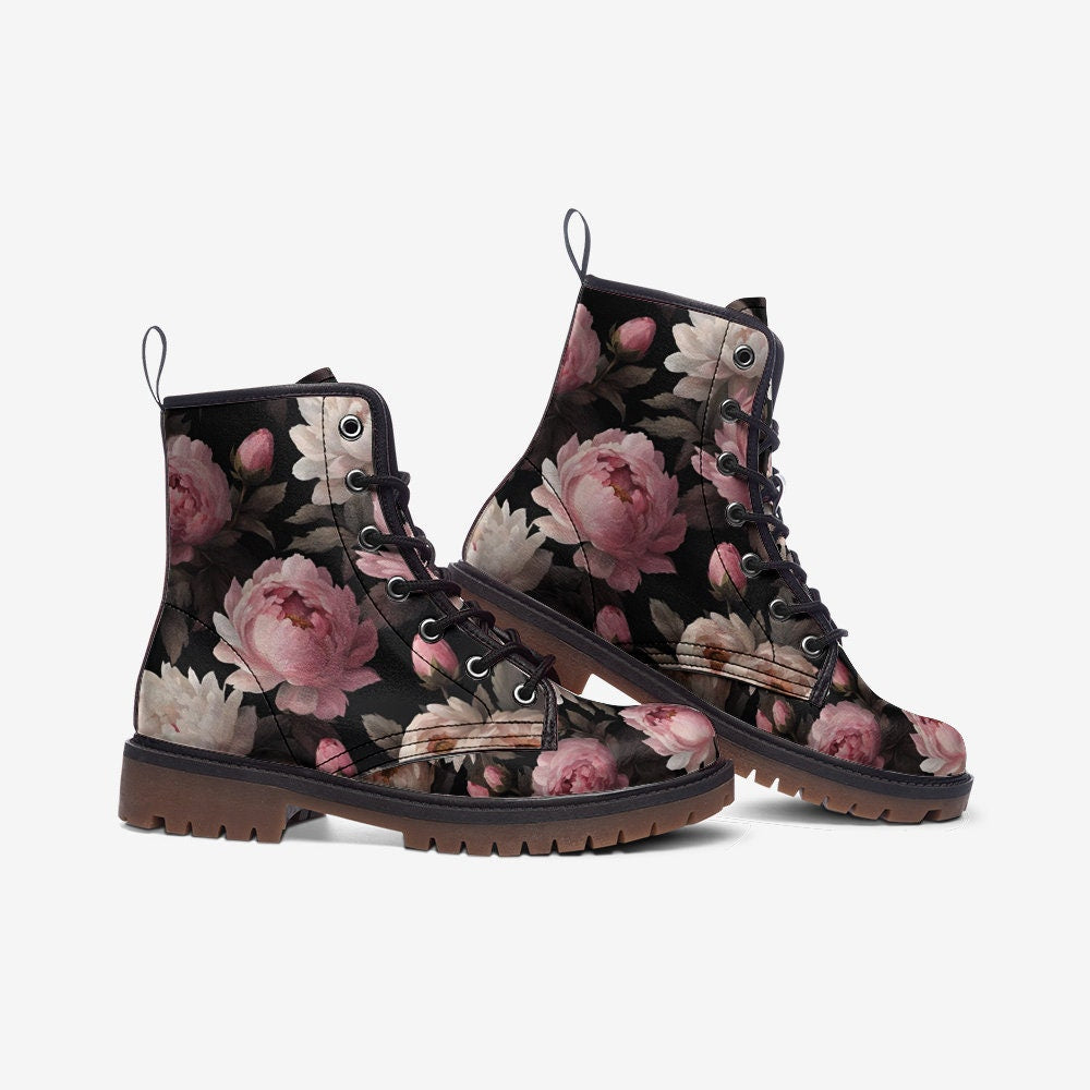 Hippie Art Zone - Pink Peony Casual Leather Lightweight Boots