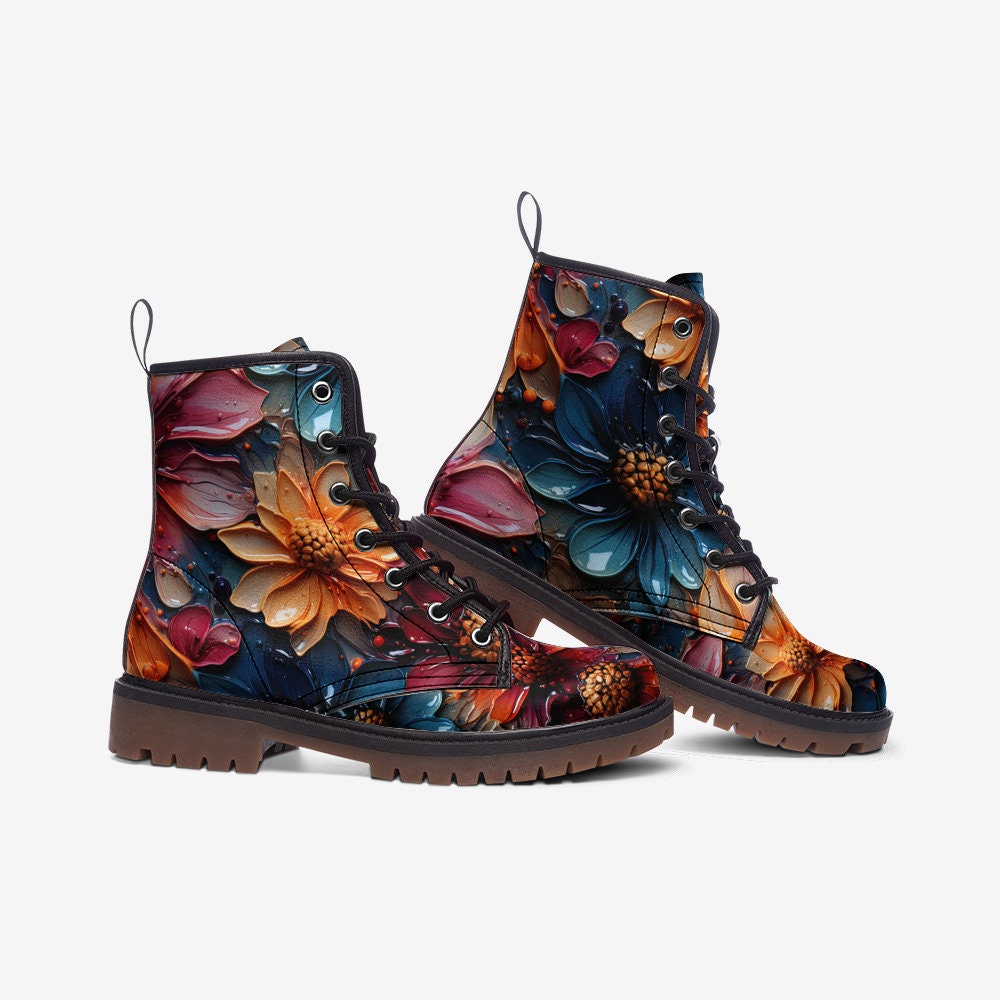 Hippie Art Zone - Big Floral Casual Faux Leather Lightweight Boots