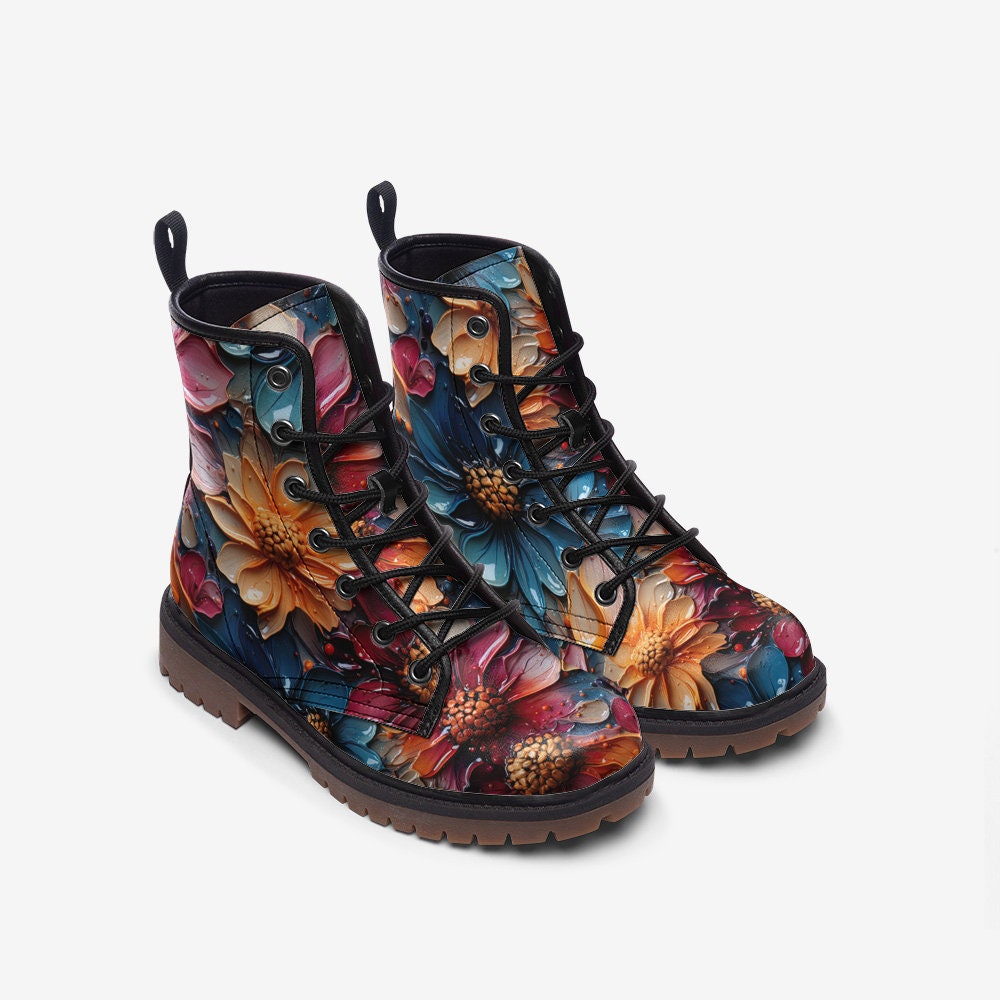 Hippie Art Zone - Big Floral Casual Faux Leather Lightweight Boots