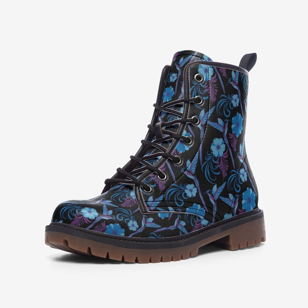 Hippie Art Zone - Vegan Leather Boots With Blue Floral And Bird Design: Stylish And Sustainable Women&#39;s Footwear