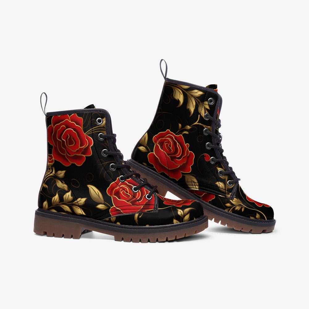 Hippie Art Zone - Red Roses &amp; Golden Leafs Painted Shoes