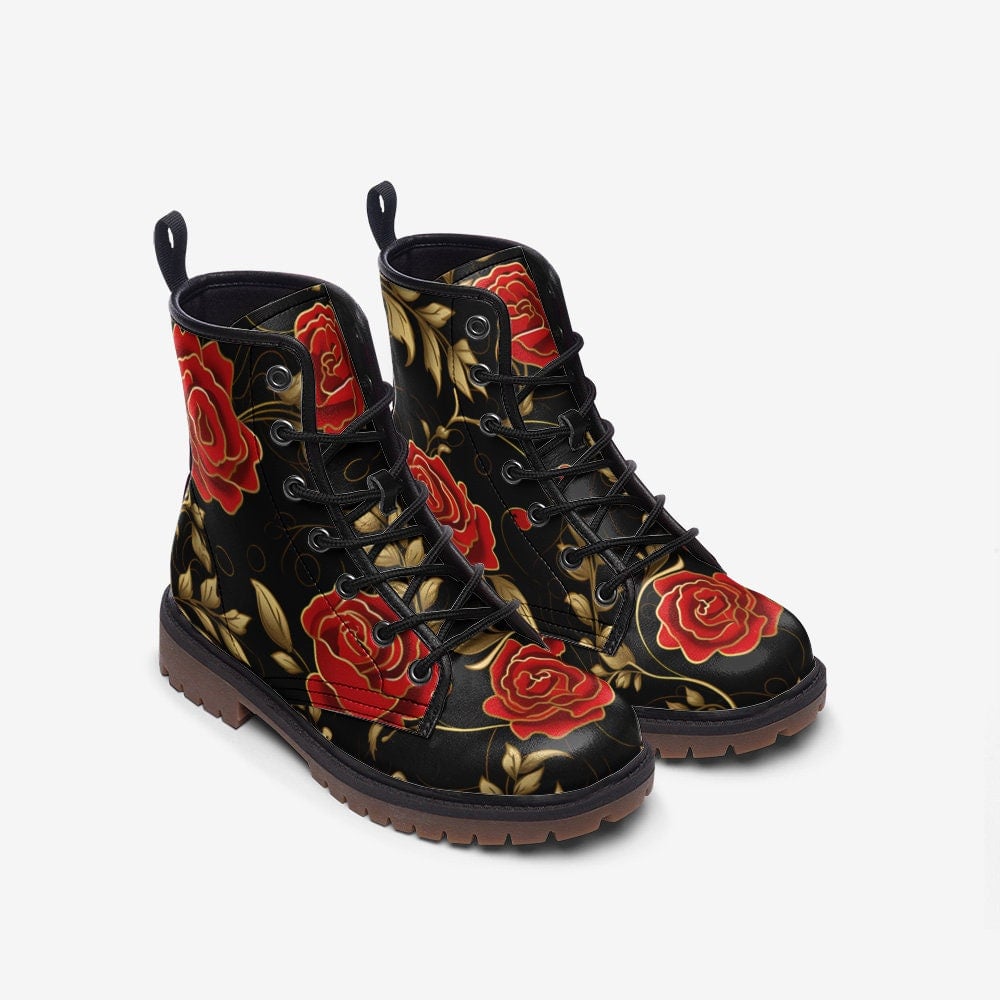 Hippie Art Zone - Red Roses &amp; Golden Leafs Painted Shoes