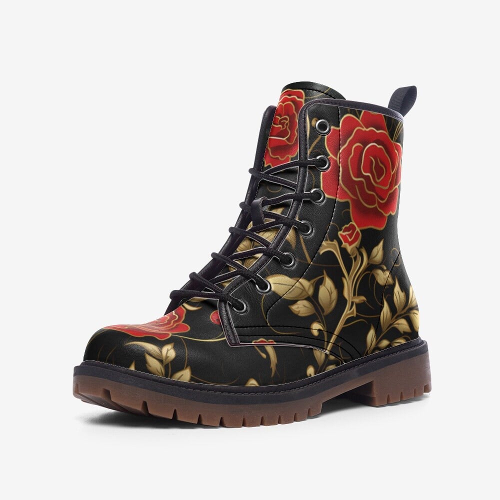 Hippie Art Zone - Red Roses &amp; Golden Leafs Painted Shoes