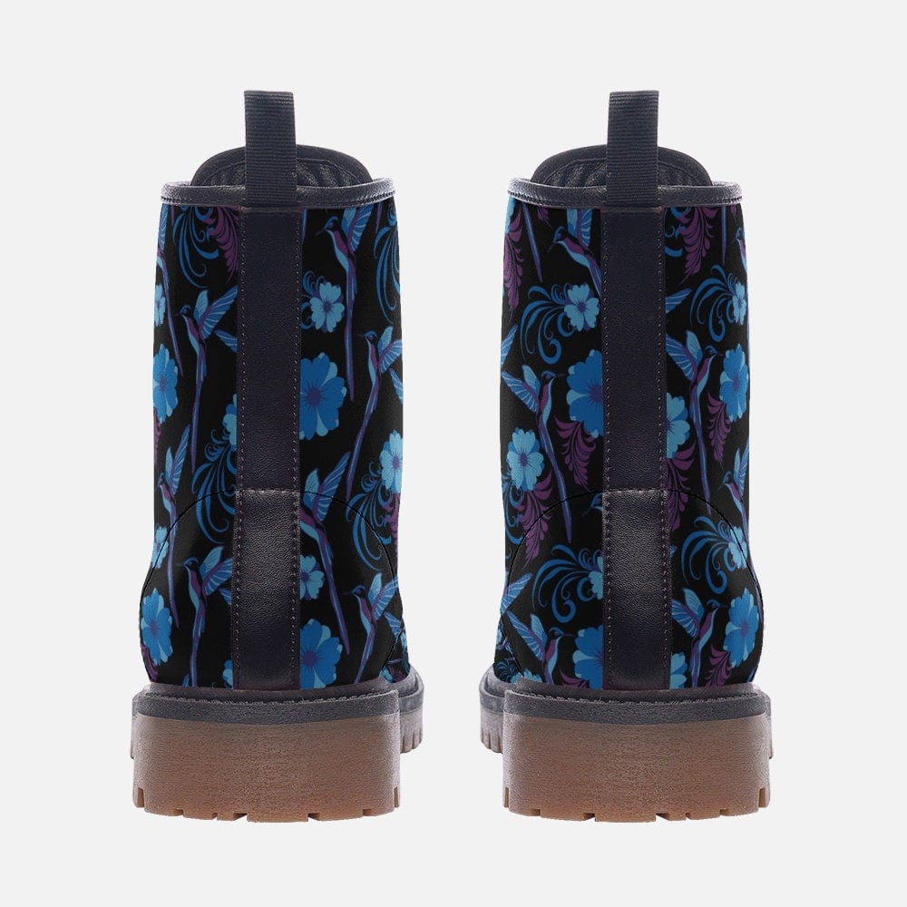 Hippie Art Zone - Vegan Leather Boots With Blue Floral And Bird Design: Stylish And Sustainable Women&#39;s Footwear