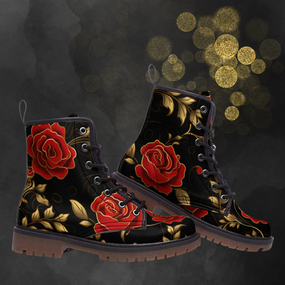 Hippie Art Zone - Red Roses &amp; Golden Leafs Painted Shoes