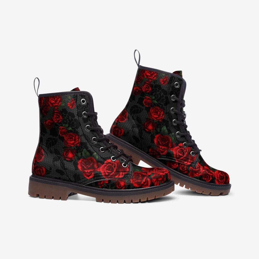 Hippie Art Zone - Vintage Roses Casual Boots, Vegan Leather Lightweight Boots, Red Roses