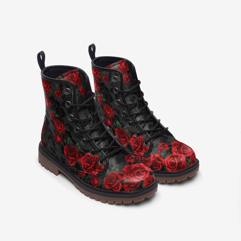 Hippie Art Zone - Vintage Roses Casual Boots, Vegan Leather Lightweight Boots, Red Roses