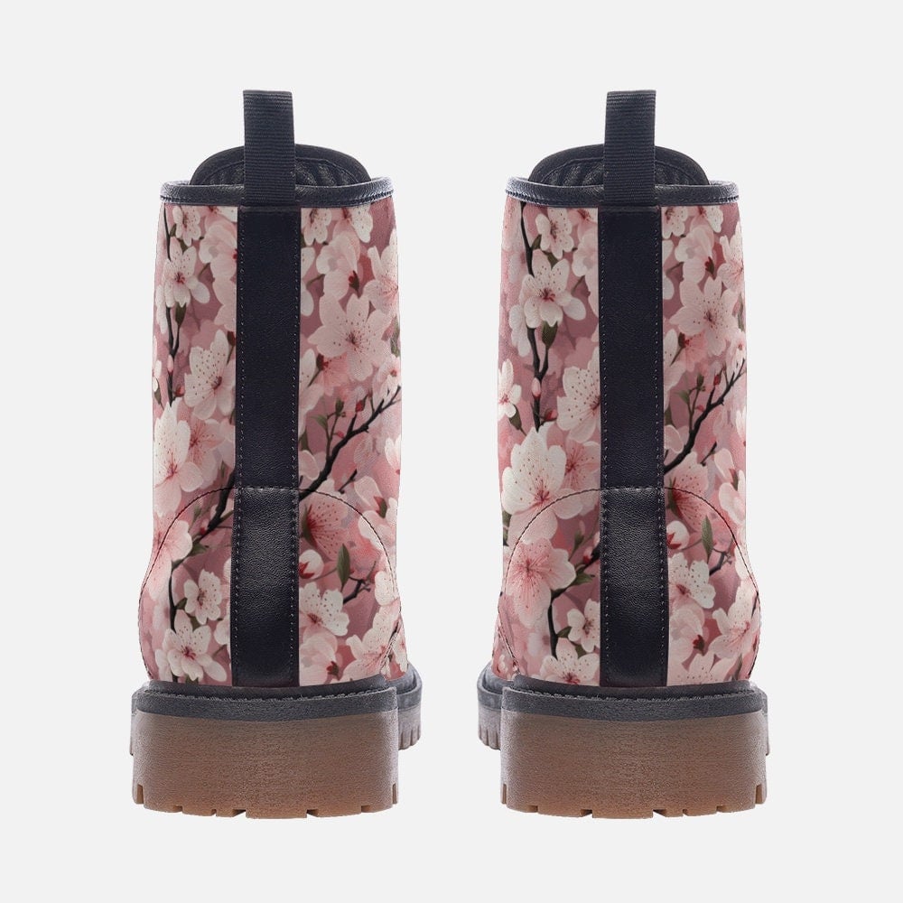 Hippie Art Zone - Pink Pastel Cherryblossom Vegan Leather Festival Boots Combat Boots Fashion Boots