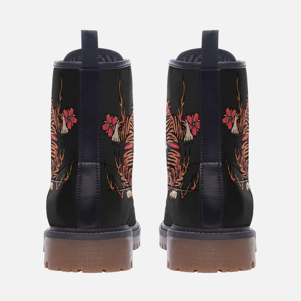 Hippie Art Zone - Warrior Tiger Vegan Leather Boots ??Wide Fit, Padded Collar, Lace-up, Faux Leather, Rubber Sole