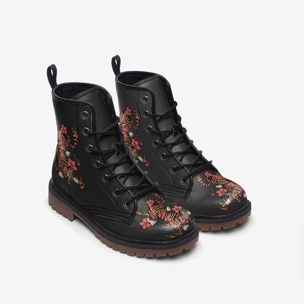 Hippie Art Zone - Warrior Tiger Vegan Leather Boots ??Wide Fit, Padded Collar, Lace-up, Faux Leather, Rubber Sole