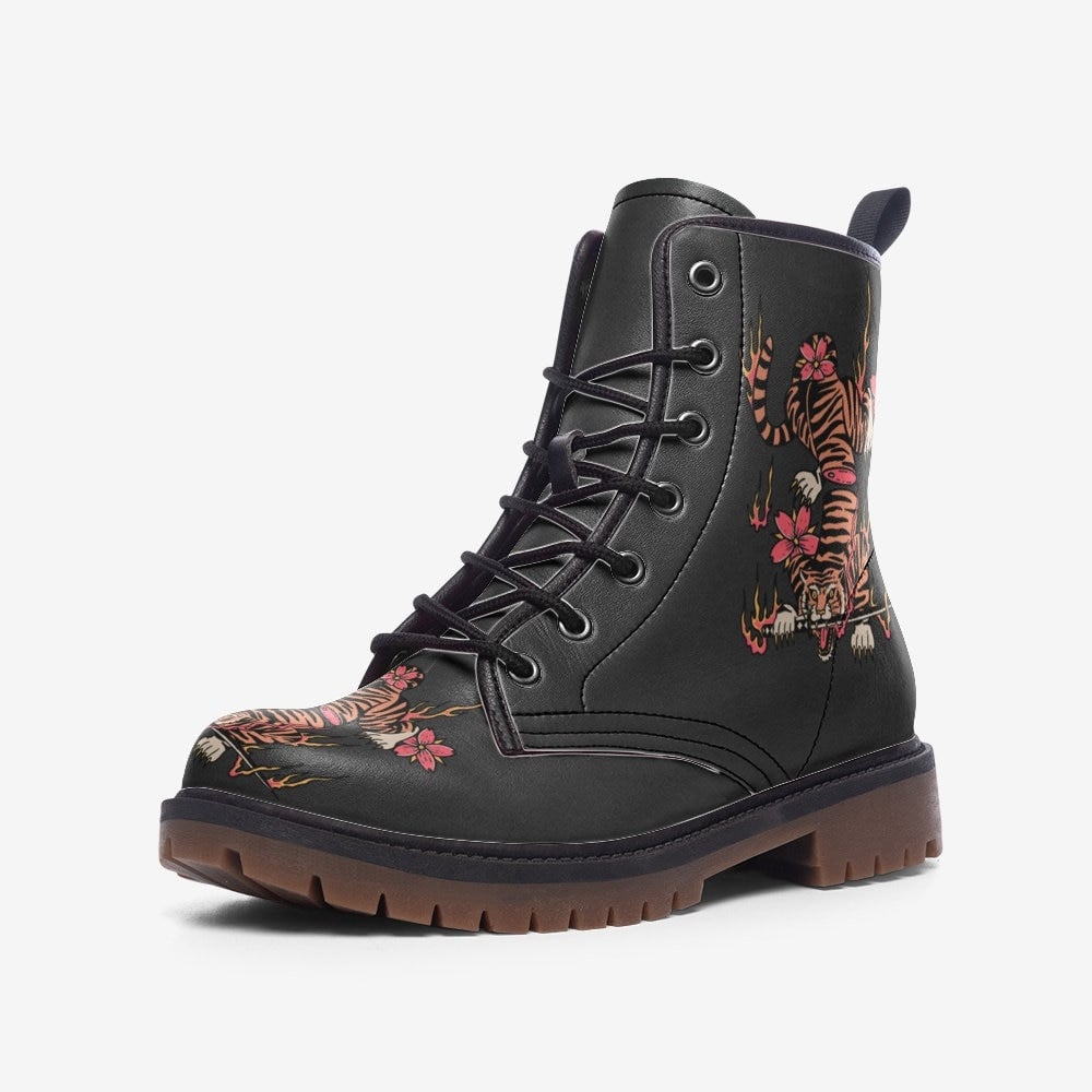 Hippie Art Zone - Warrior Tiger Vegan Leather Boots ??Wide Fit, Padded Collar, Lace-up, Faux Leather, Rubber Sole