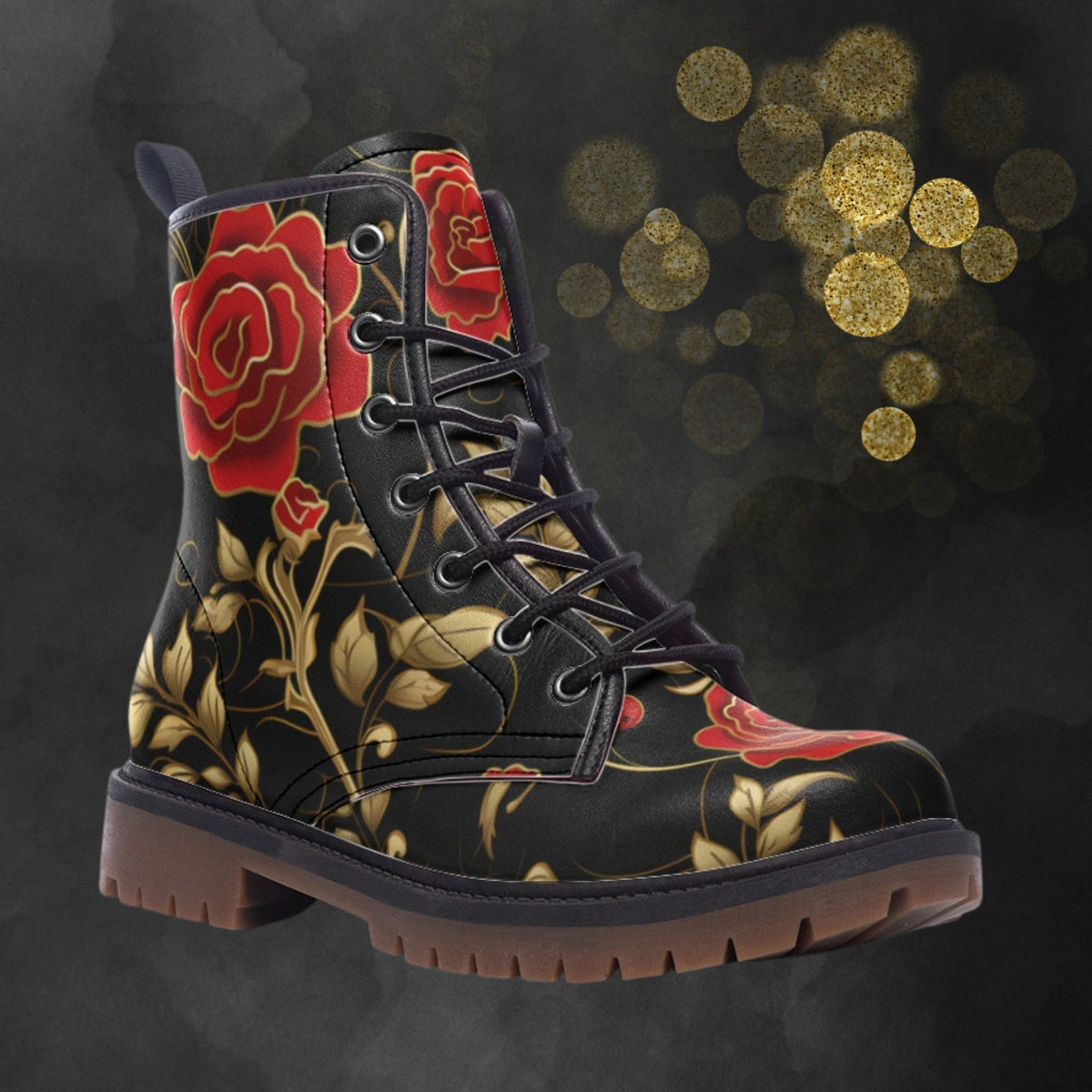 Hippie Art Zone - Red Roses &amp; Golden Leafs Painted Shoes