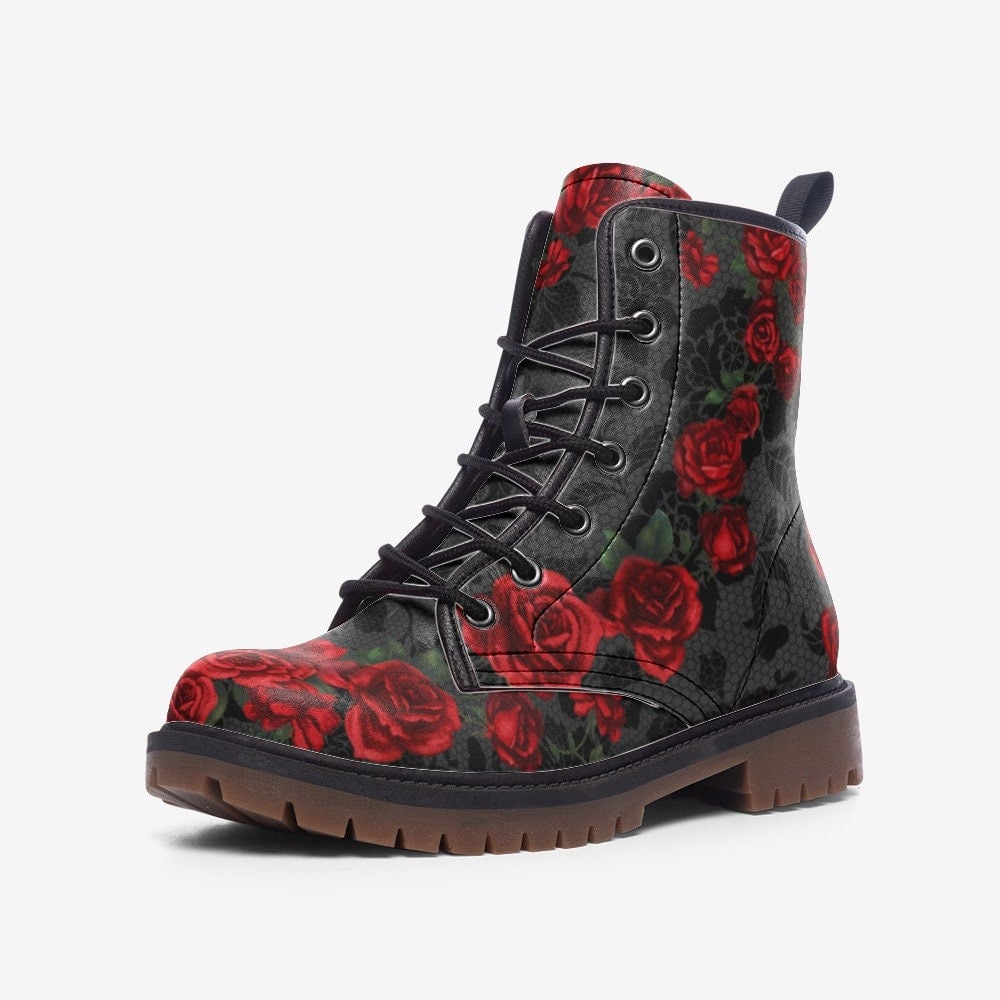 Hippie Art Zone - Vintage Roses Casual Boots, Vegan Leather Lightweight Boots, Red Roses