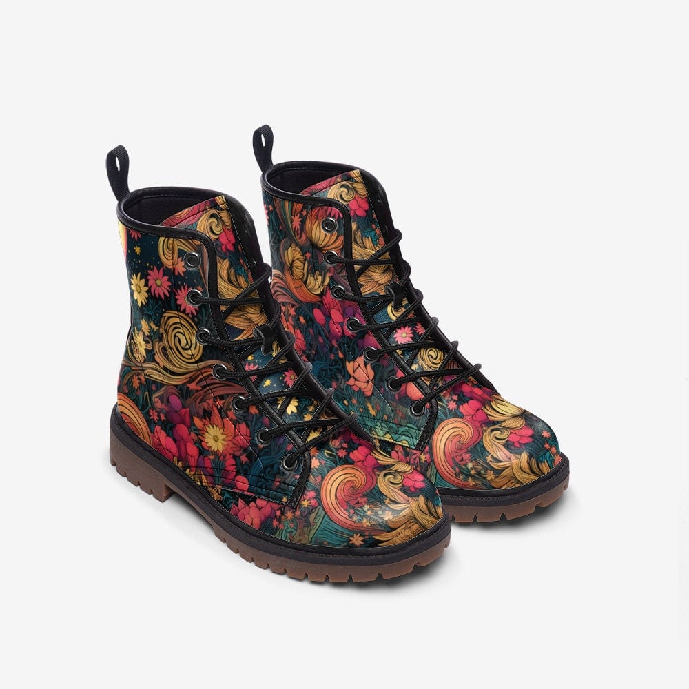 Hippie Art Zone - Floral Fantasy Art Combat Boots For Hippies