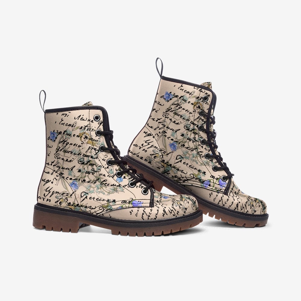 Hippie Art Zone - Shakespeare Writing With Blue Flowers Vegan Leather Boots