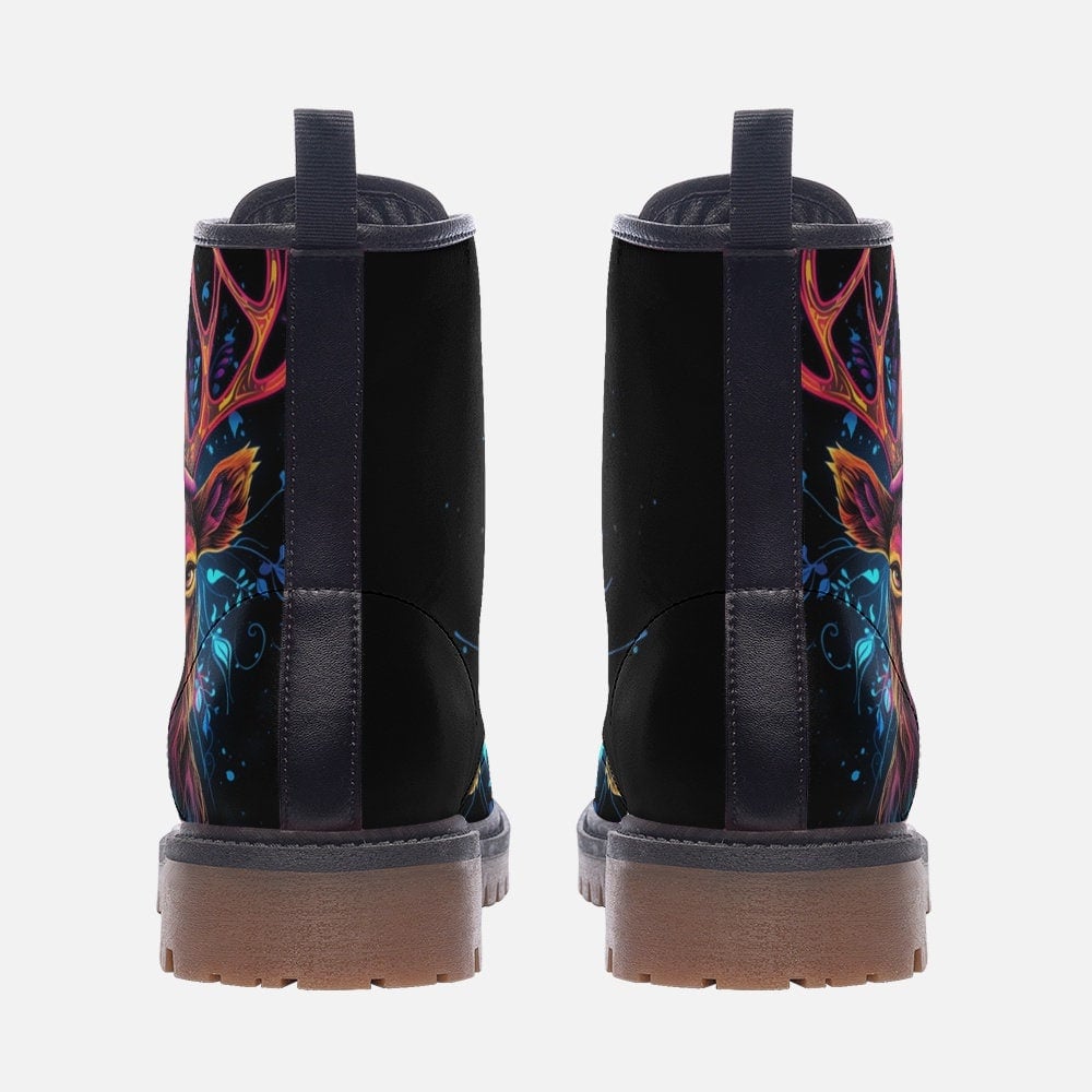 Hippie Art Zone - Deer Combat Boots, Neon Glowing, Vegan Leather