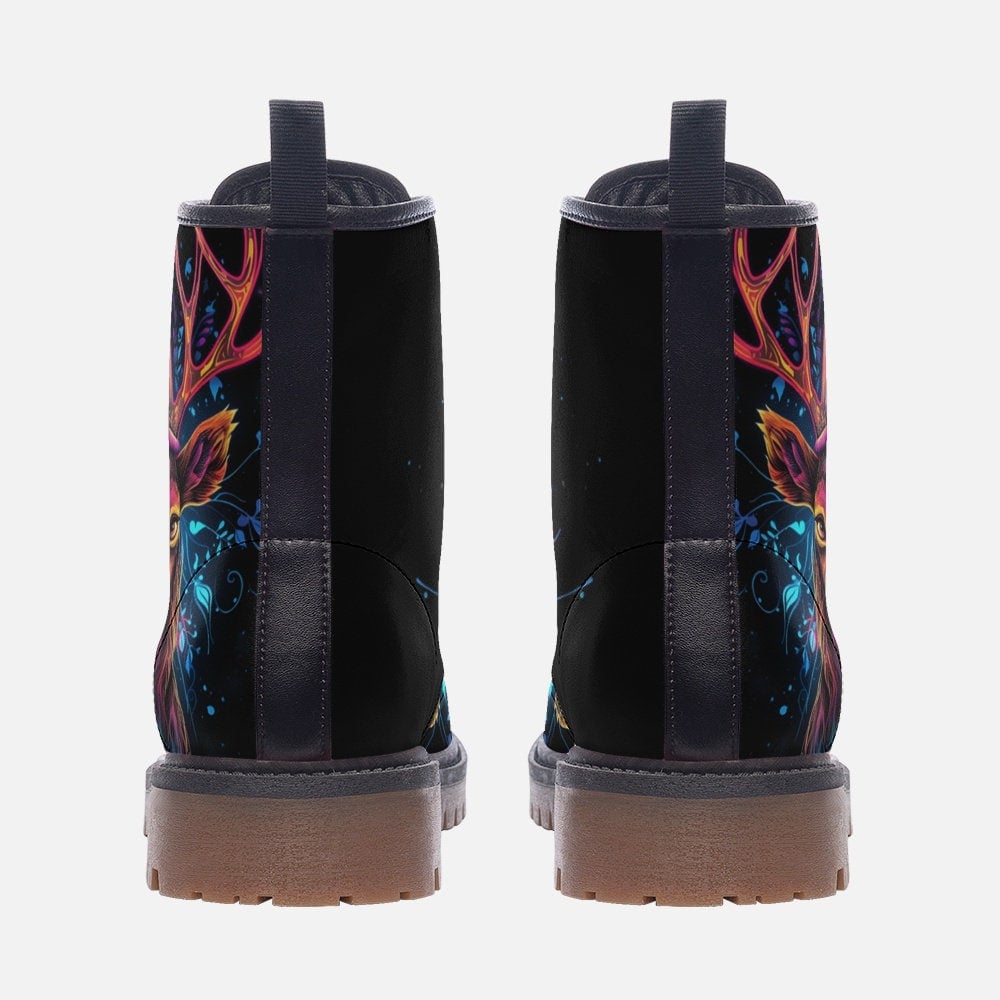 Hippie Art Zone - Deer Combat Boots, Neon Glowing, Vegan Leather