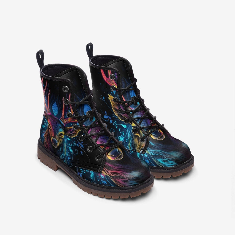 Hippie Art Zone - Deer Combat Boots, Neon Glowing, Vegan Leather