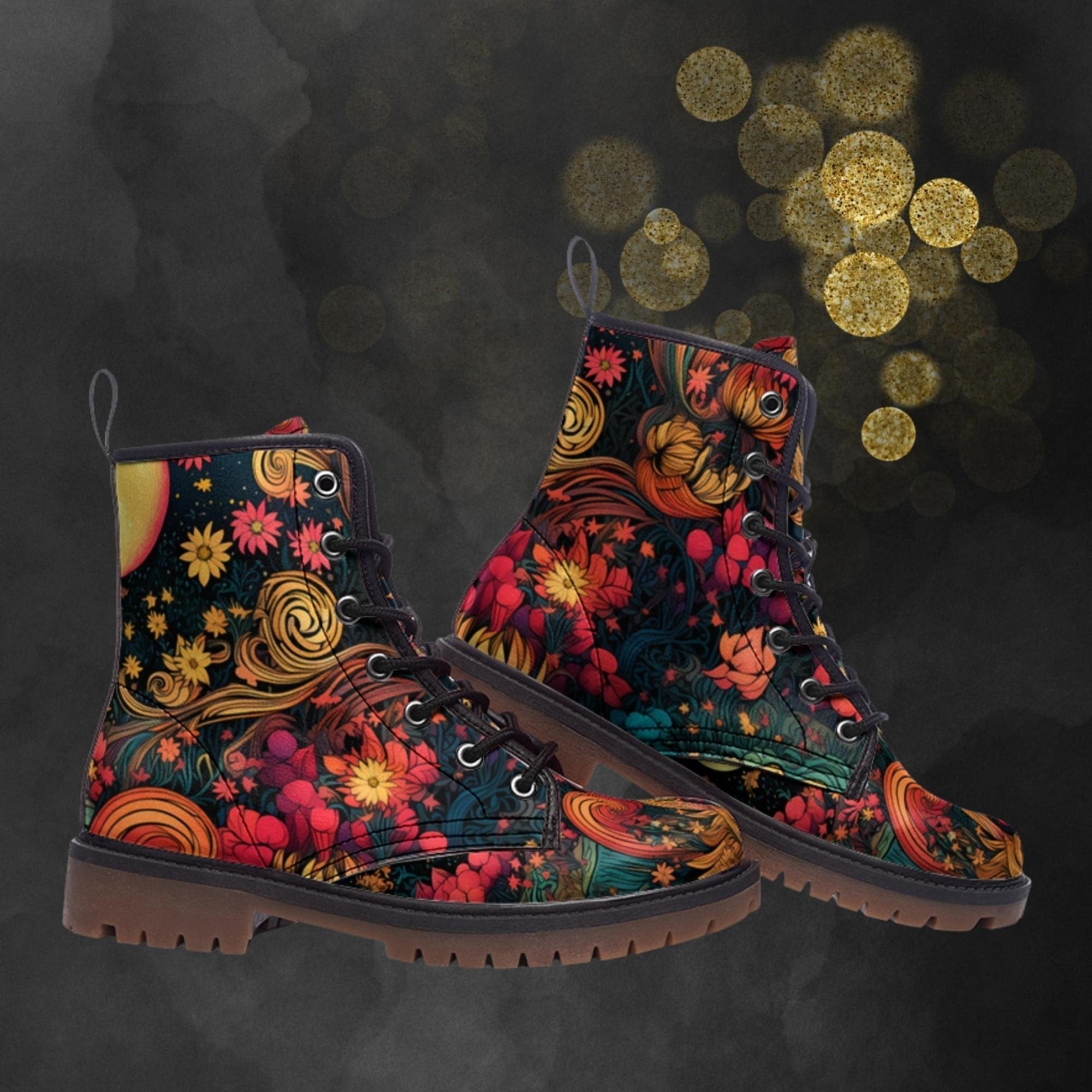 Hippie Art Zone - Floral Fantasy Art Combat Boots For Hippies
