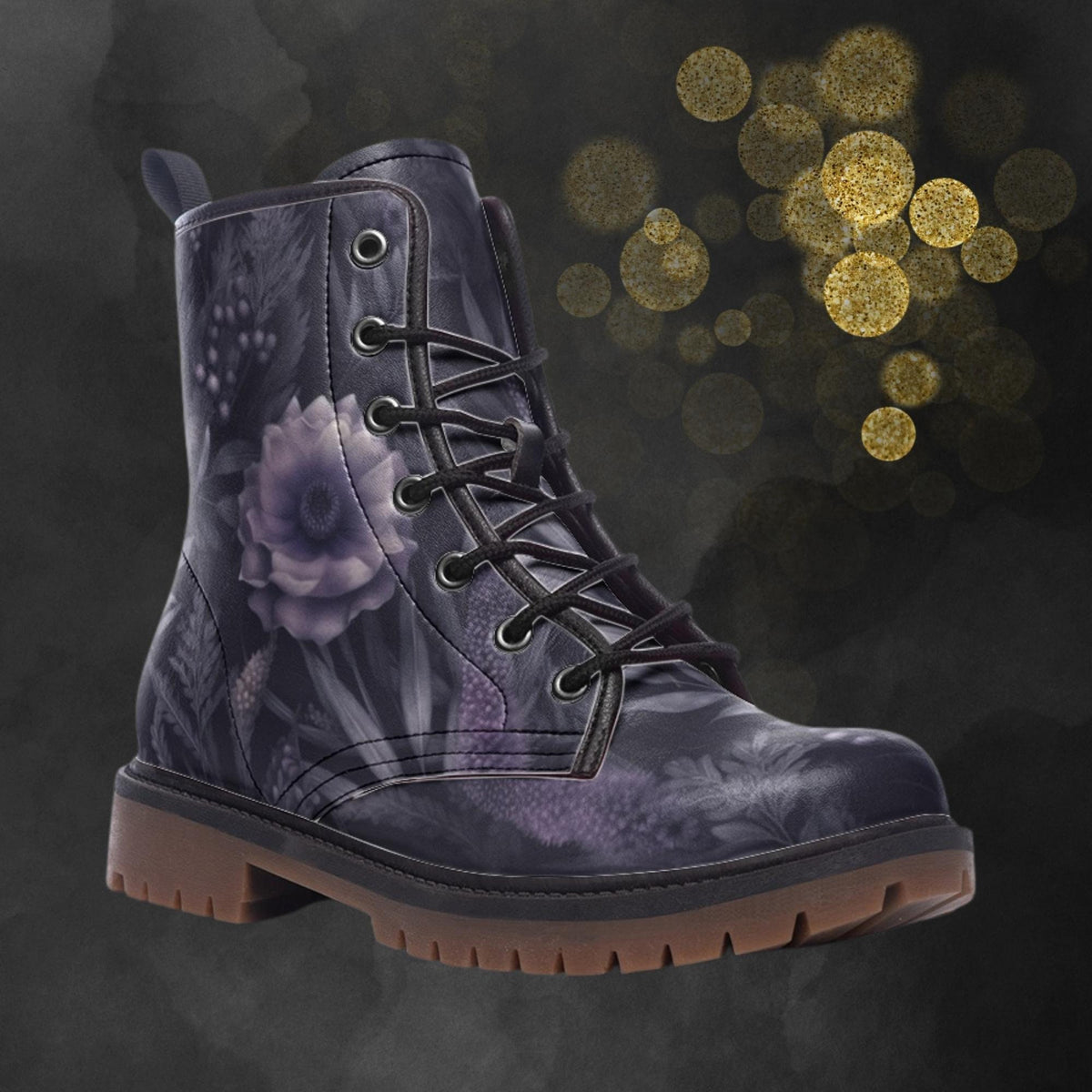 Hippie Art Zone - Dark Mystic Lavender Flower Combat Boots