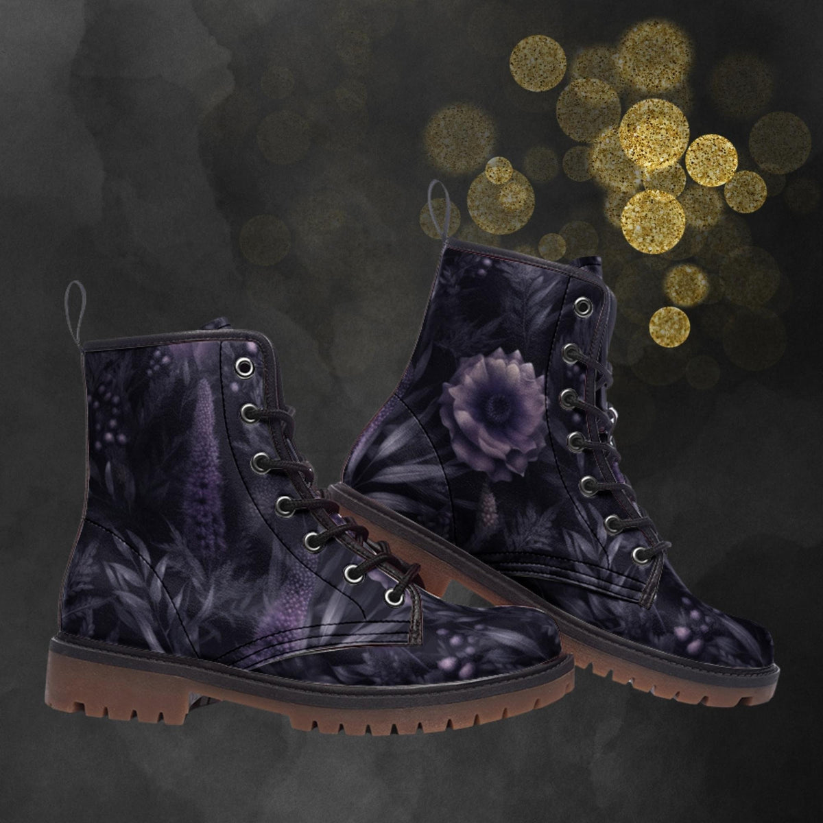 Hippie Art Zone - Dark Mystic Lavender Flower Combat Boots