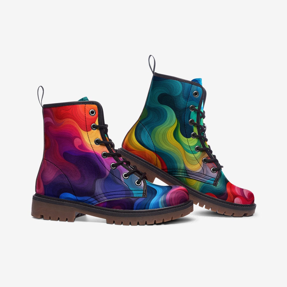 Hippie Art Zone - Wavy Rainbow Faux Leather Lightweight Hiking Boots