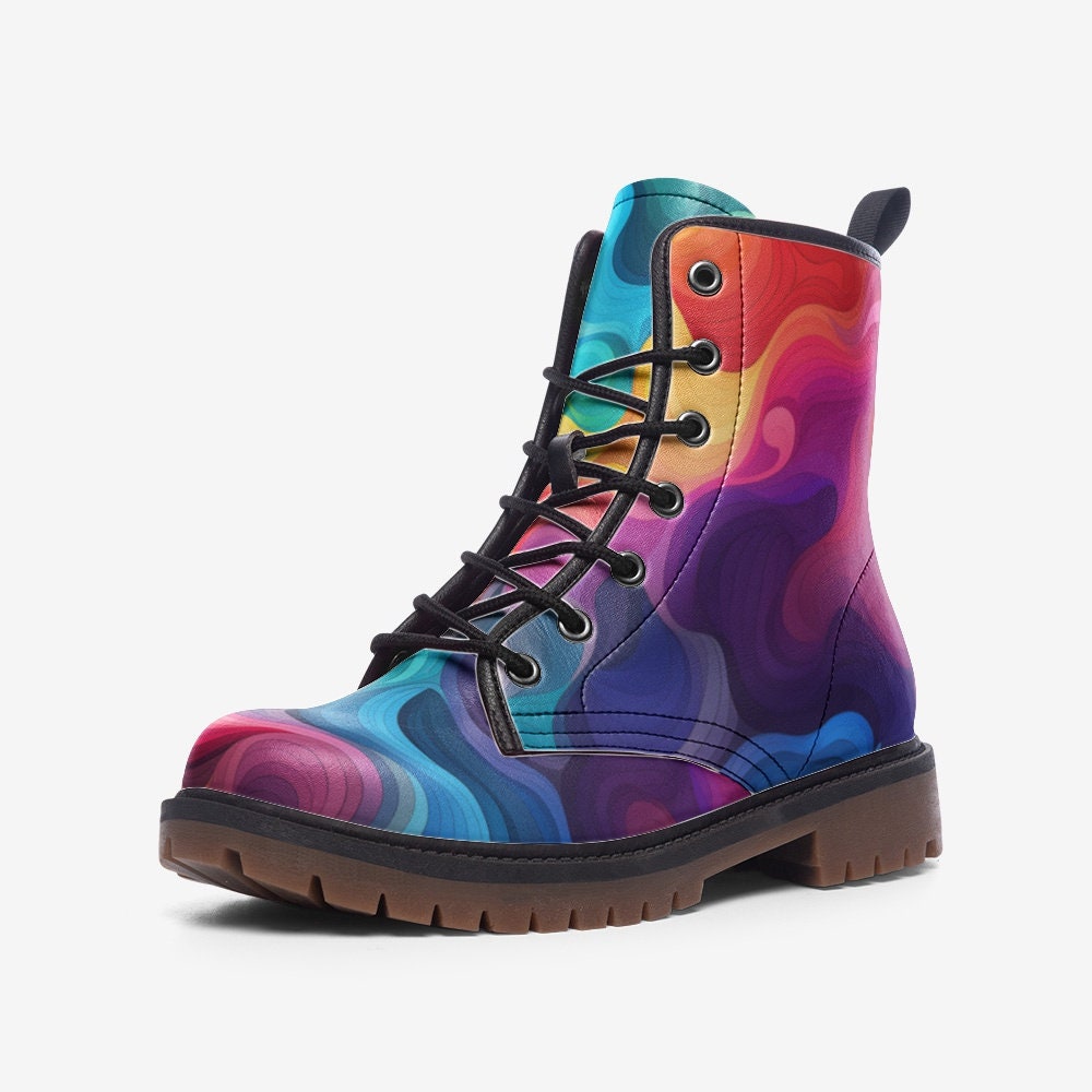 Hippie Art Zone - Wavy Rainbow Faux Leather Lightweight Hiking Boots