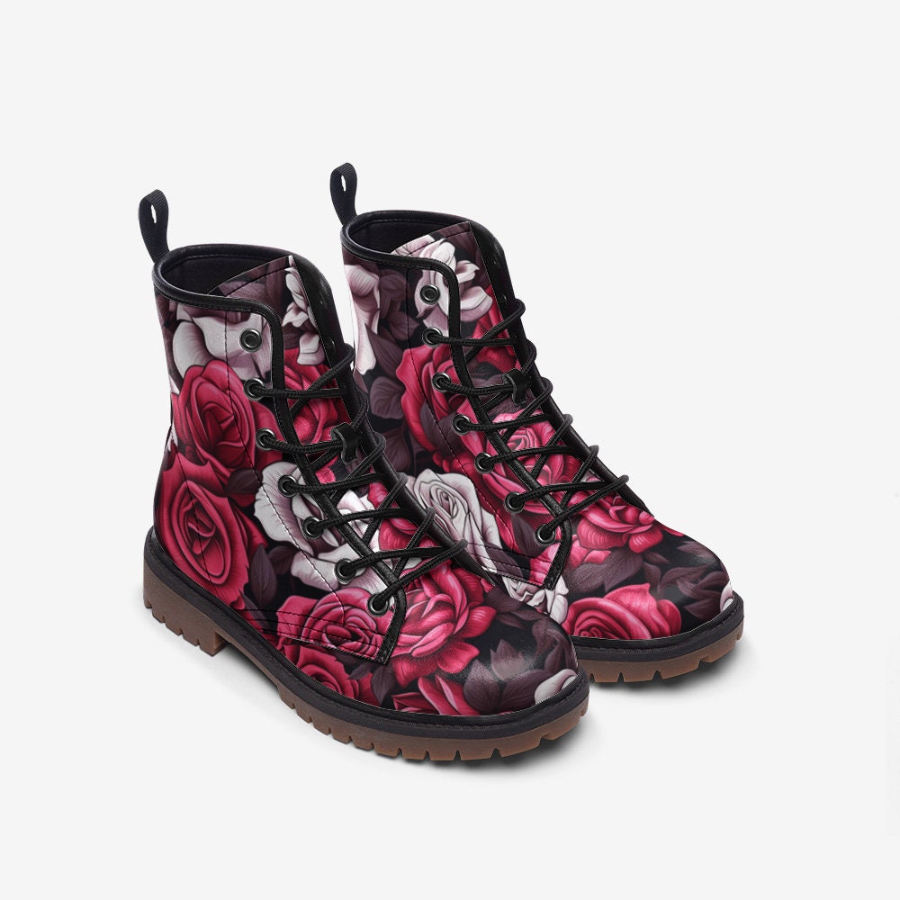 Hippie Art Zone - Noir Rose Tattoo Faux Leather Lightweight Hiking Boots