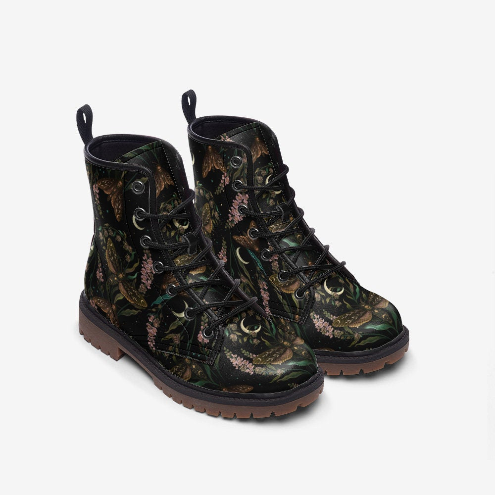 Hippie Art Zone - Magical Death&#39;s Head Hawkmoth And Snapdragon Flowers Vegan Leather Combat Boots