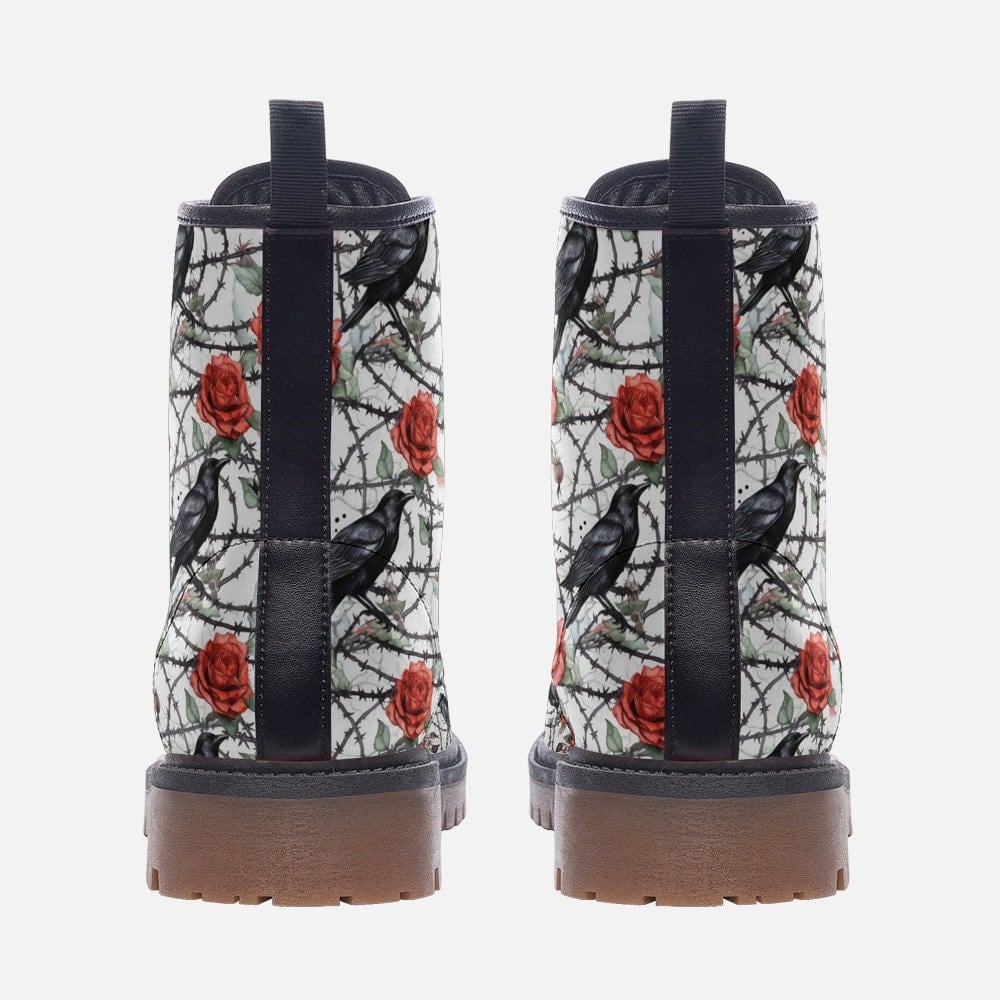 Hippie Art Zone - Raven Boots | Unisex Casual Vegan Leather Lightweight Boots Featuring Red Roses