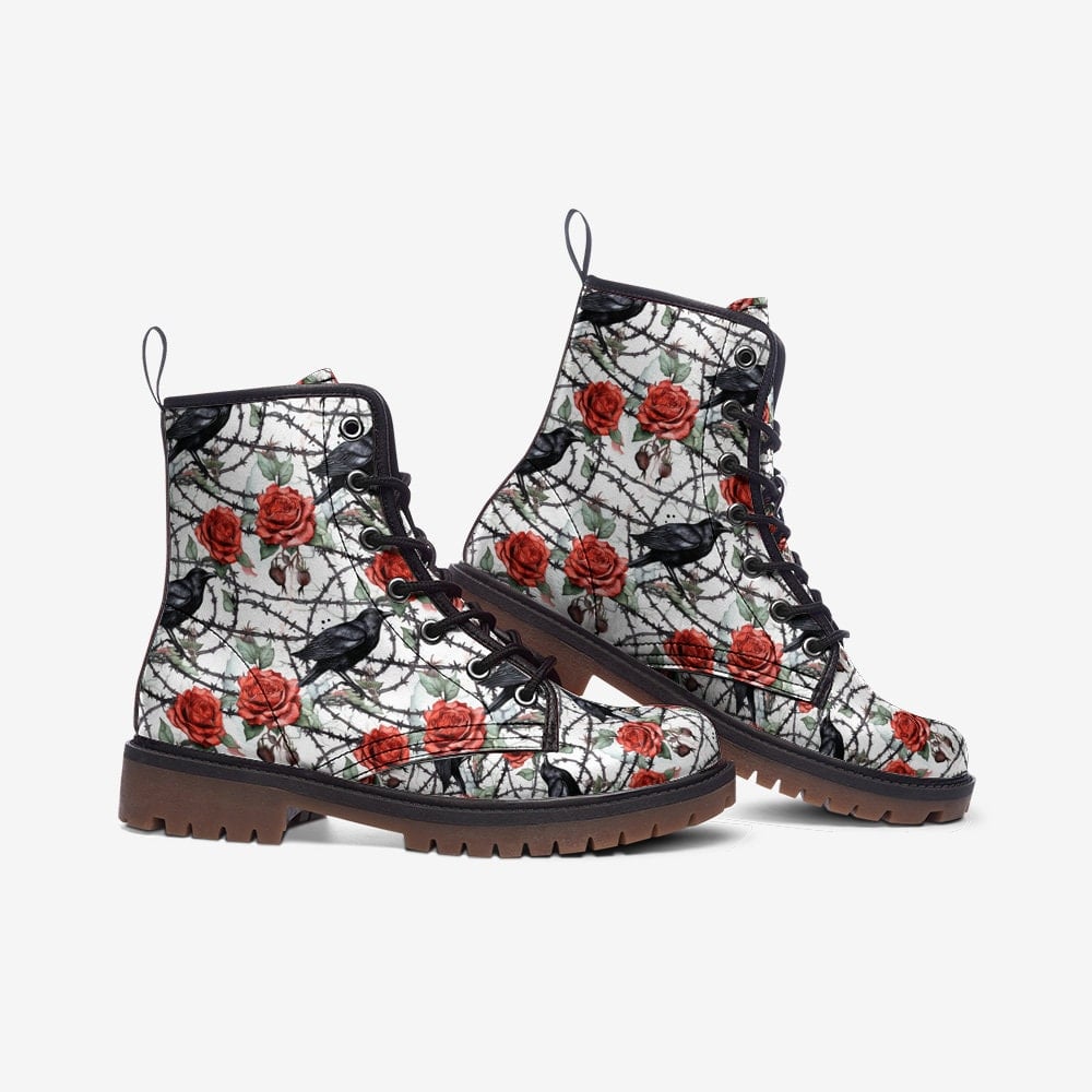 Hippie Art Zone - Raven Boots | Unisex Casual Vegan Leather Lightweight Boots Featuring Red Roses