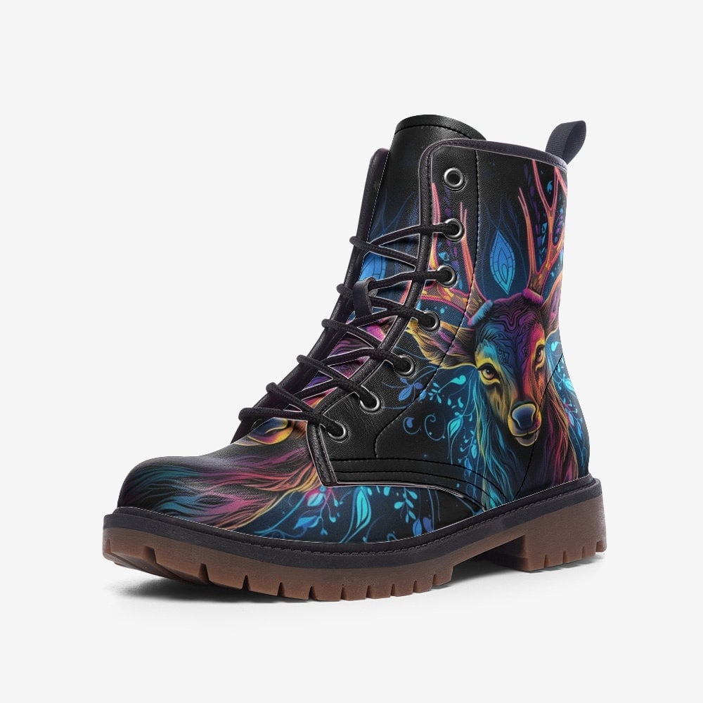 Hippie Art Zone - Deer Combat Boots, Neon Glowing, Vegan Leather