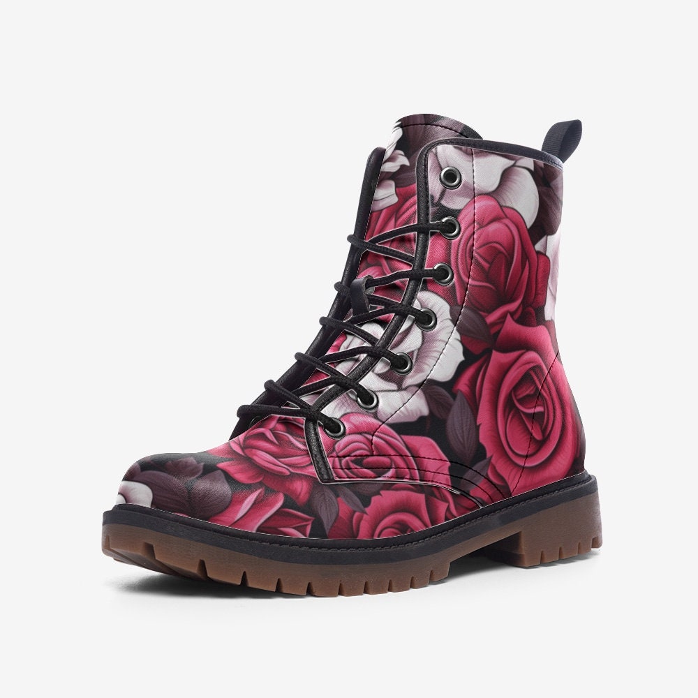 Hippie Art Zone - Noir Rose Tattoo Faux Leather Lightweight Hiking Boots