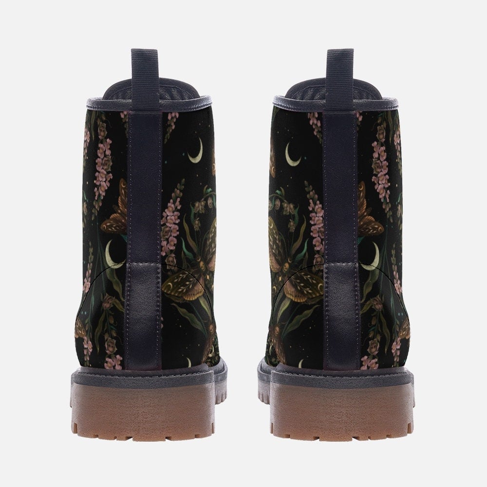 Hippie Art Zone - Magical Death&#39;s Head Hawkmoth And Snapdragon Flowers Vegan Leather Combat Boots