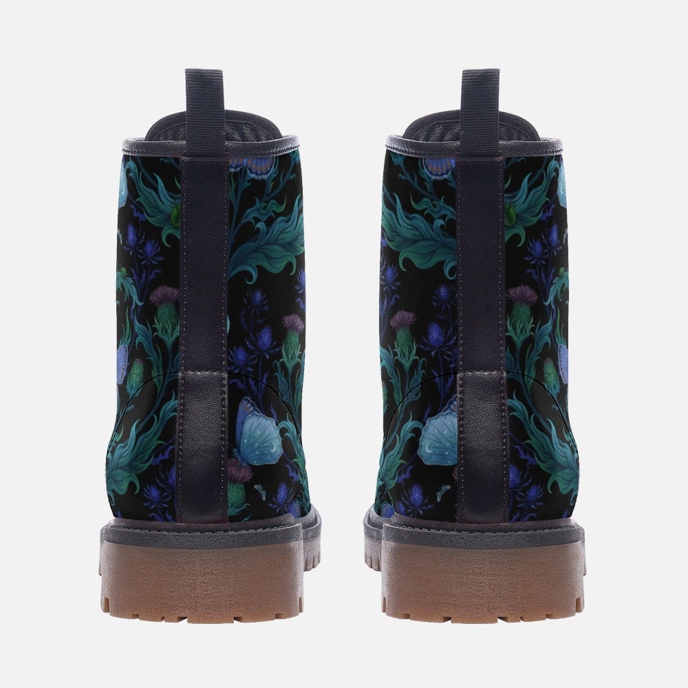 Hippie Art Zone - Magical Night Moth &amp; Thistle Plant Vegan Leather Lightweight Combat Boots