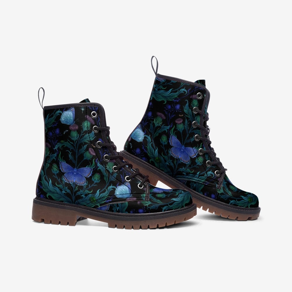 Hippie Art Zone - Magical Night Moth &amp; Thistle Plant Vegan Leather Lightweight Combat Boots