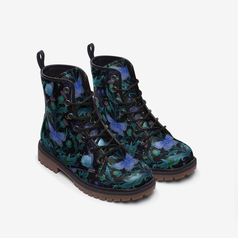 Hippie Art Zone - Magical Night Moth & Thistle Plant Vegan Leather Lightweight Combat Boots