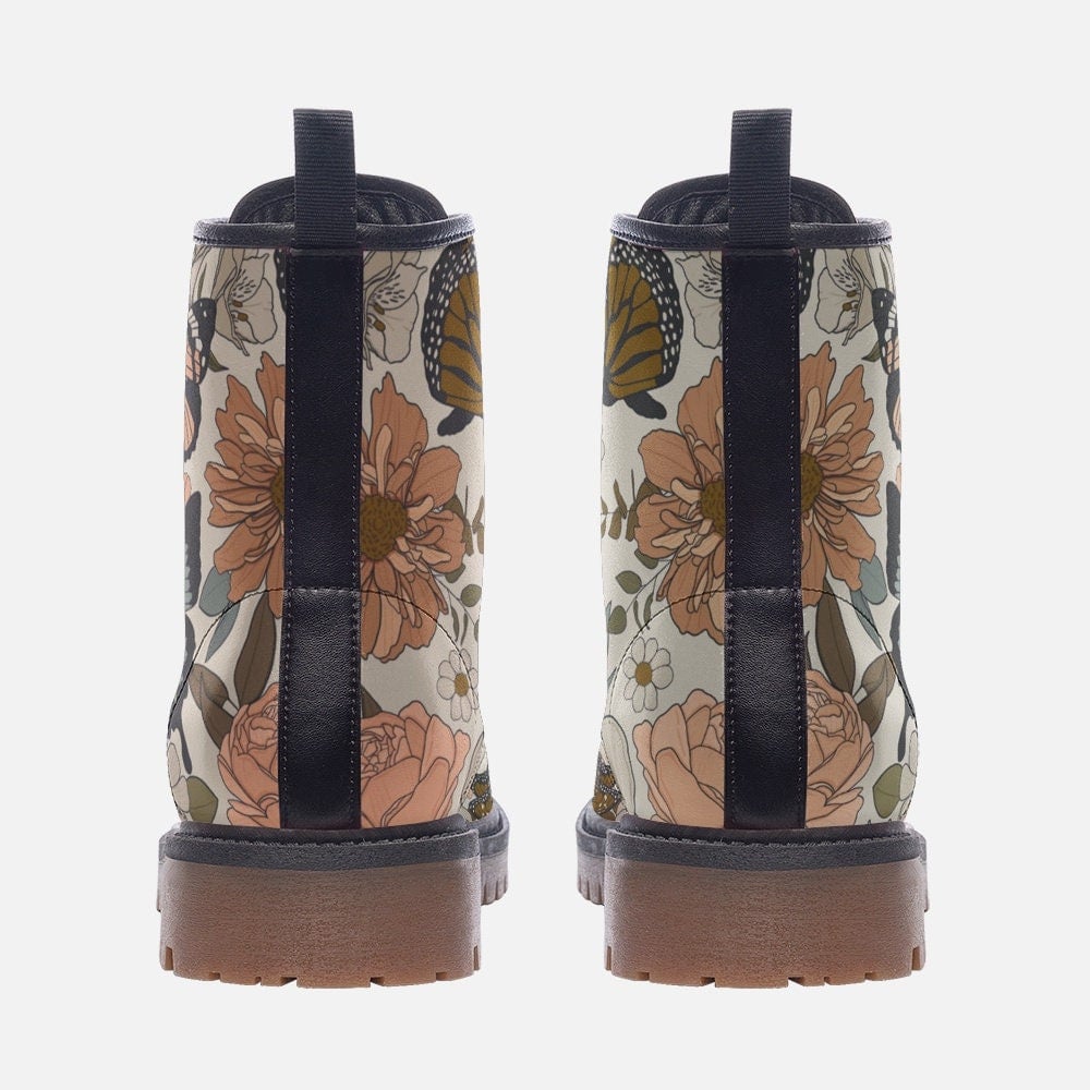 Hippie Art Zone - Retro Butterflies &amp; Flowers Vegan Leather Combat Boots For Granola Girl Gift