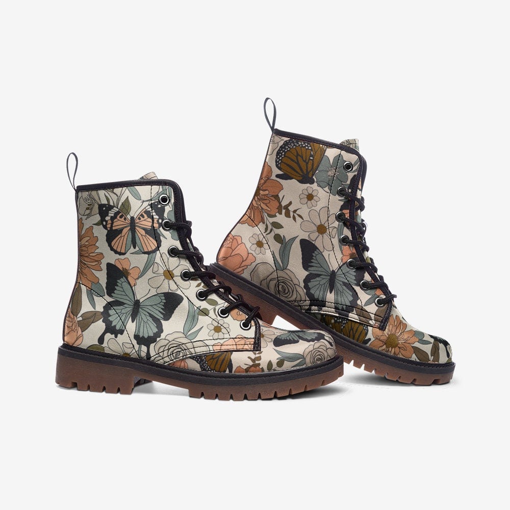 Hippie Art Zone - Retro Butterflies & Flowers Vegan Leather Combat Boots For Granola Girl Gift