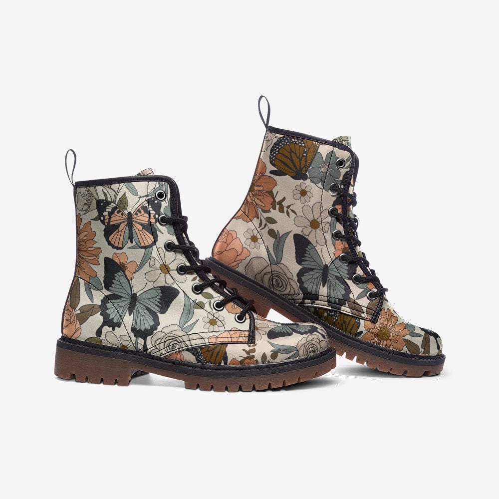 Hippie Art Zone - Retro Butterflies &amp; Flowers Vegan Leather Combat Boots For Granola Girl Gift