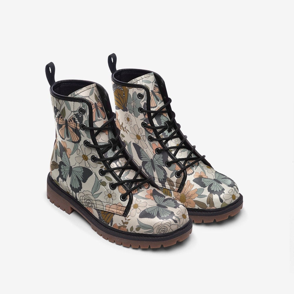 Hippie Art Zone - Retro Butterflies &amp; Flowers Vegan Leather Combat Boots For Granola Girl Gift