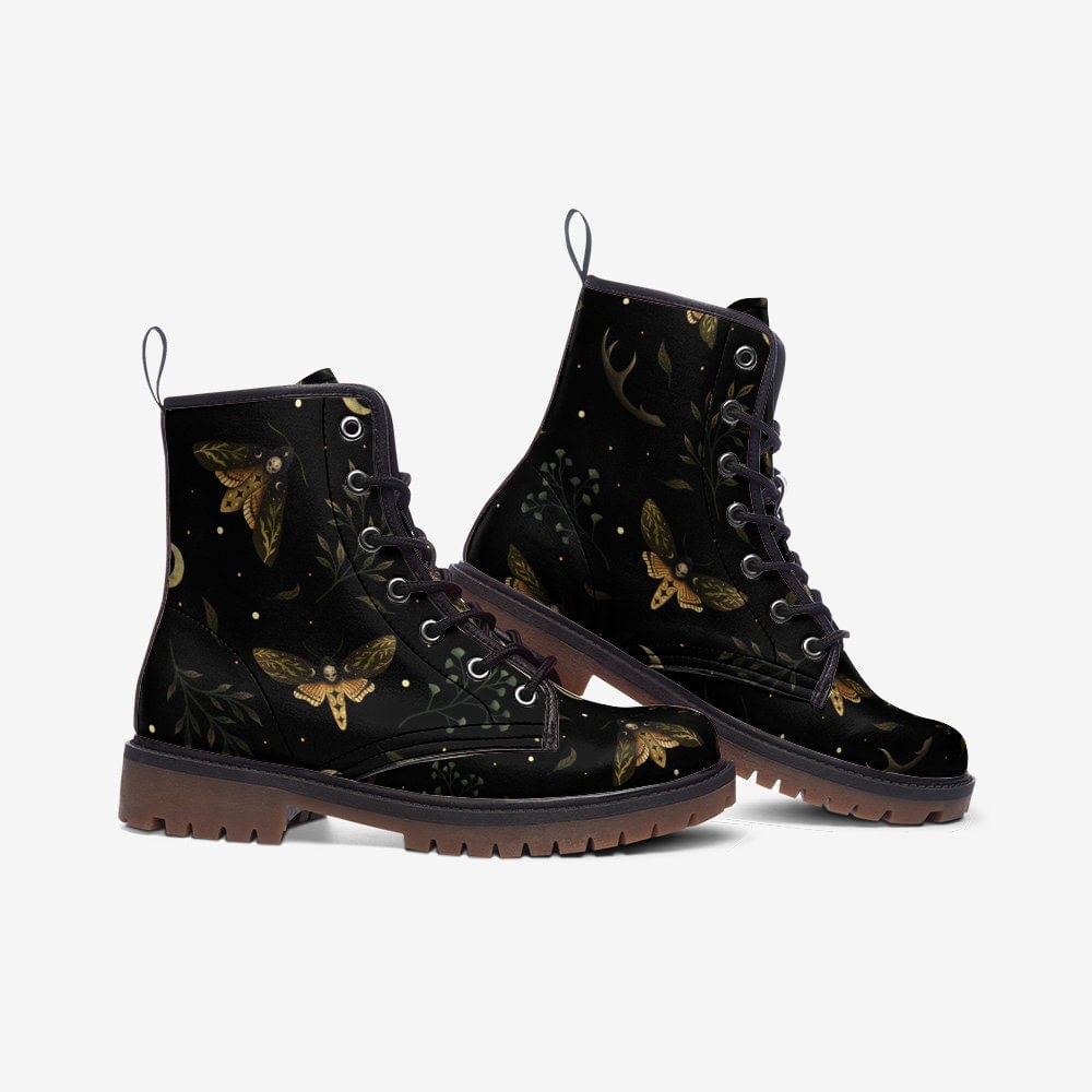 Hippie Art Zone - Death Head Moths Combat Boots, Moth And Moon Vegan Leather Lightweight Boots