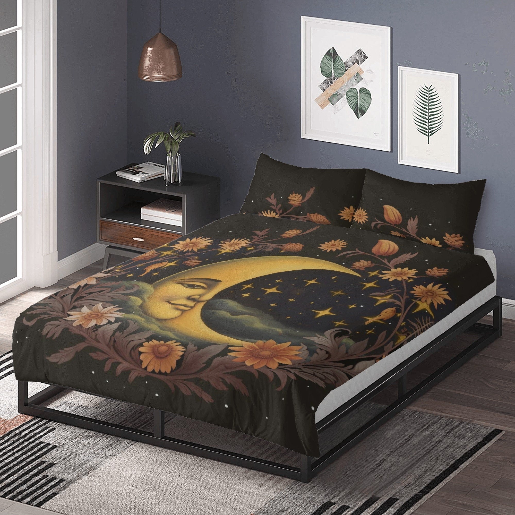 Hippie Art Zone - Cottagecore Celestial Moon Star Floral 3 Pcs Beddings For Hippie