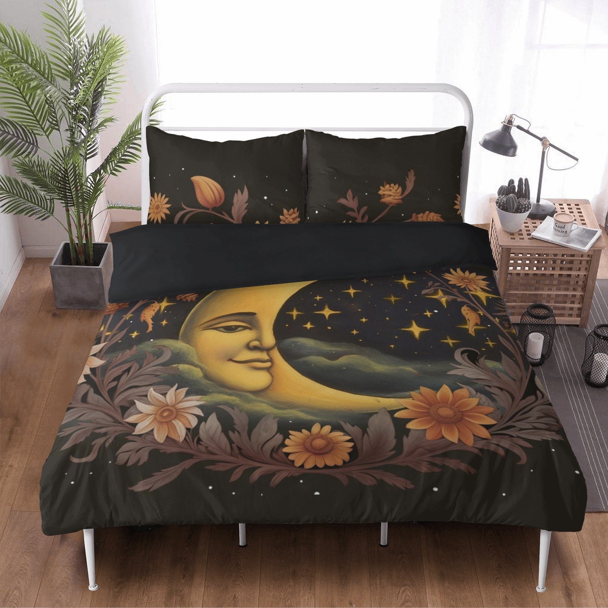 Hippie Art Zone - Cottagecore Celestial Moon Star Floral 3 Pcs Beddings For Hippie