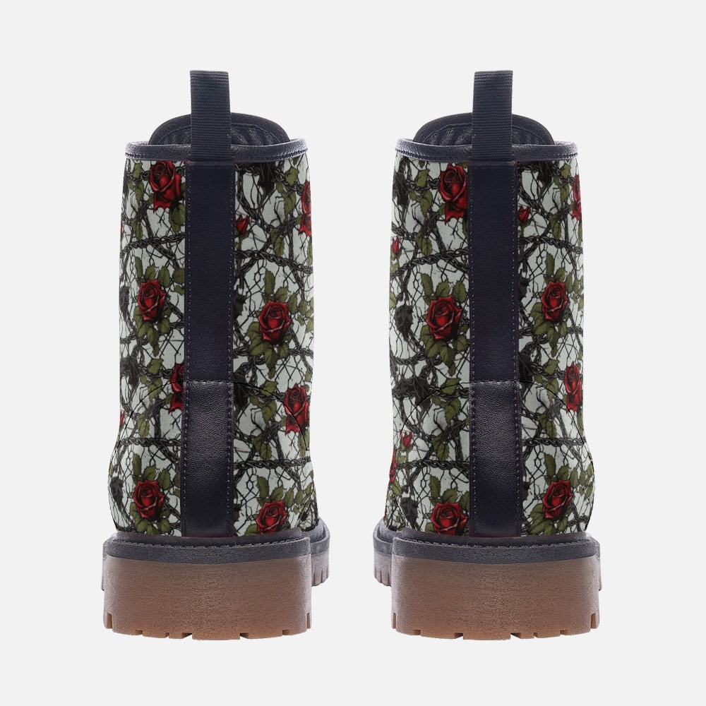 Hippie Art Zone - Barbed Wire Red Roses Boots | Unisex Casual Vegan Leather Lightweight Boots