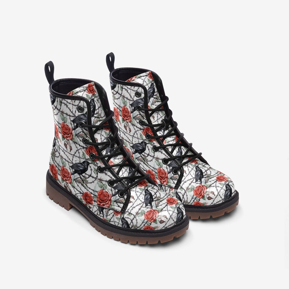 Hippie Art Zone - Raven Boots | Unisex Casual Vegan Leather Lightweight Boots Featuring Red Roses