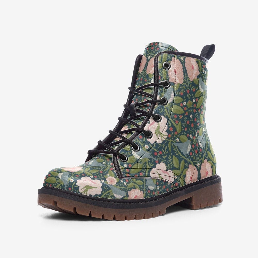 Hippie Art Zone - Green Birds Of William Morris Vegan Leather Boots